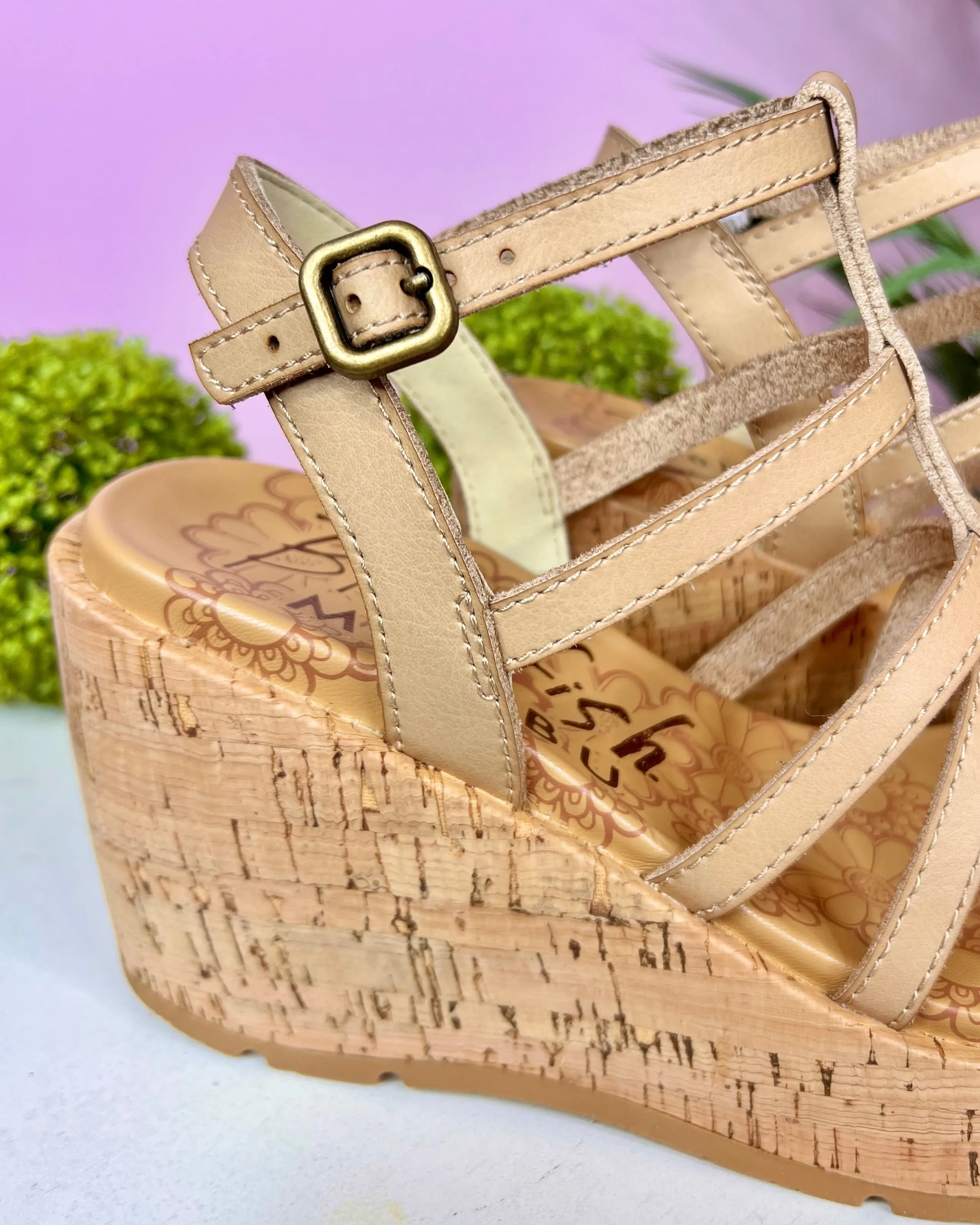 Bahamas Blowfish Malibu Vegan Leather Cashew Color Wedge Heels