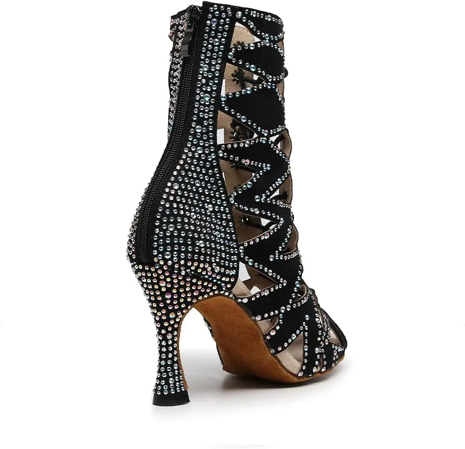 HIPPOSEUS Women's Dance Heels Booties Rhinestones Peep Toe Net Yarn Ballroom Salsa Dance Shoes Ankle Dance Boots