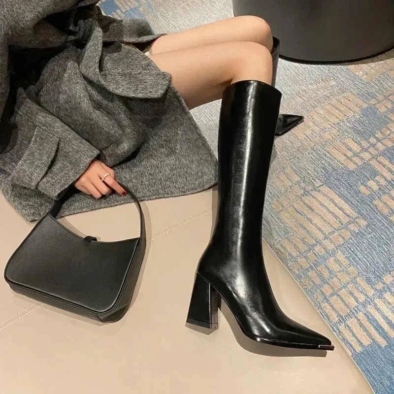James Knee High Pointed Leather Boots