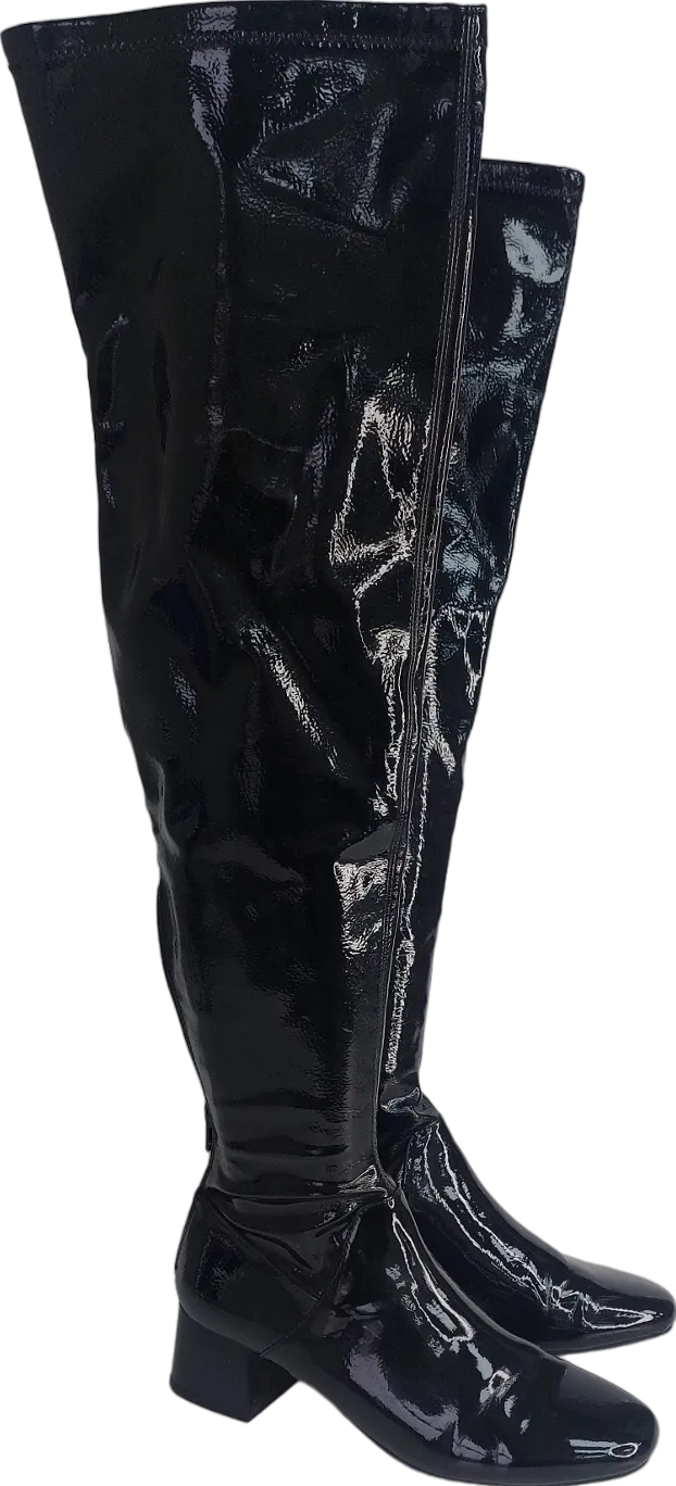 MANGO Black OVER THE KNEE Patent Boots UK 4 EU 37 