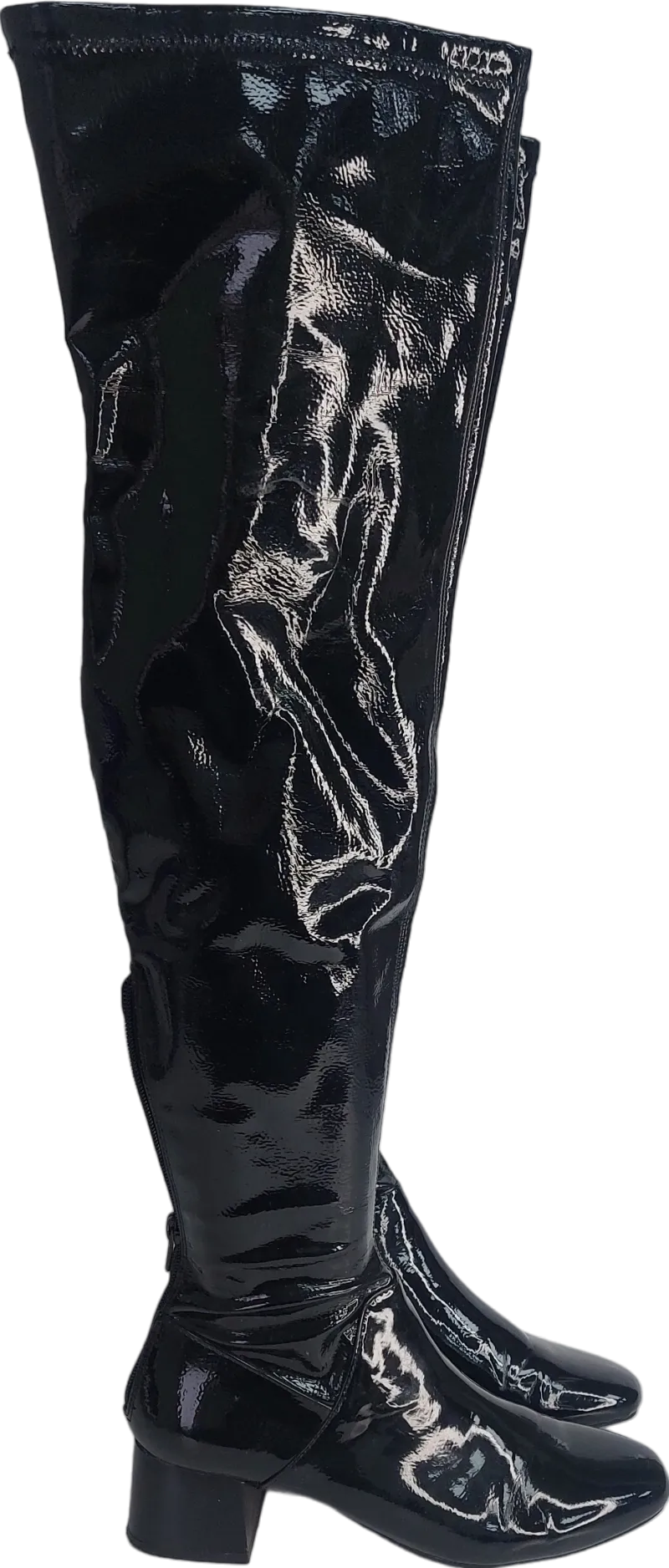 MANGO Black OVER THE KNEE Patent Boots UK 4 EU 37 