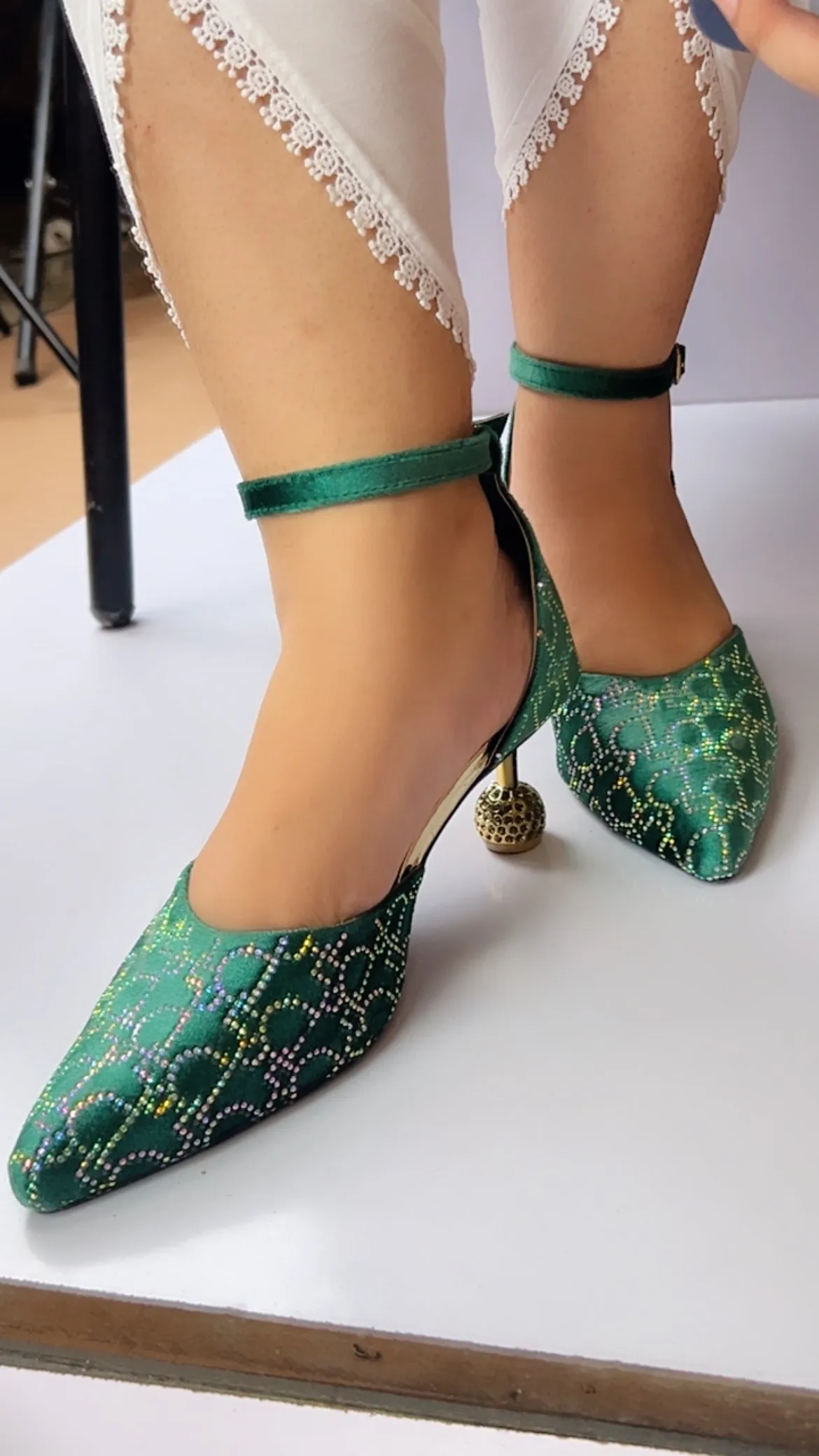 Spunkz Rhinestone Decor Dynamite Green Velvet Wedding Heels