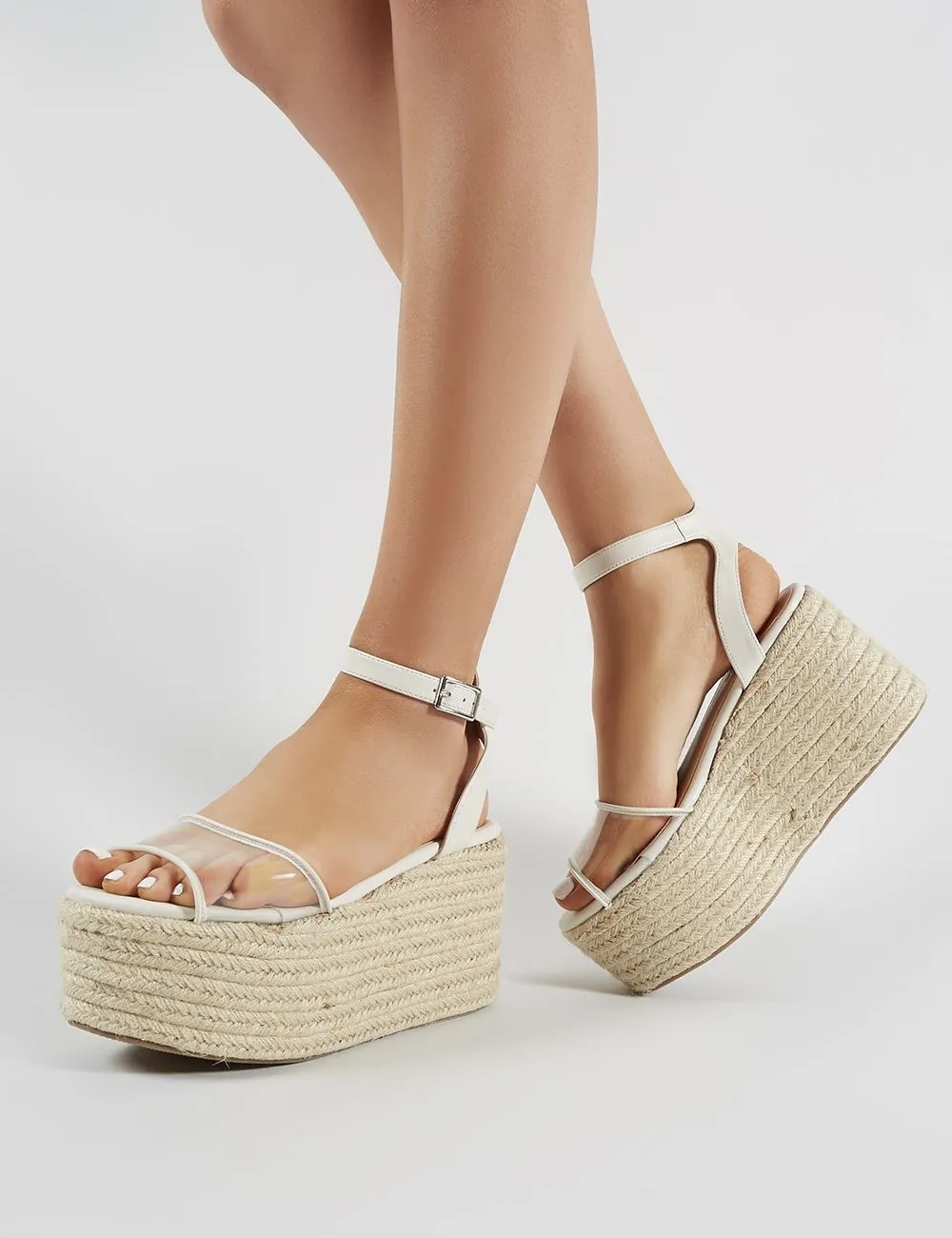 Tarini Clear Perspex Espadrille Flatform Sandals in White
