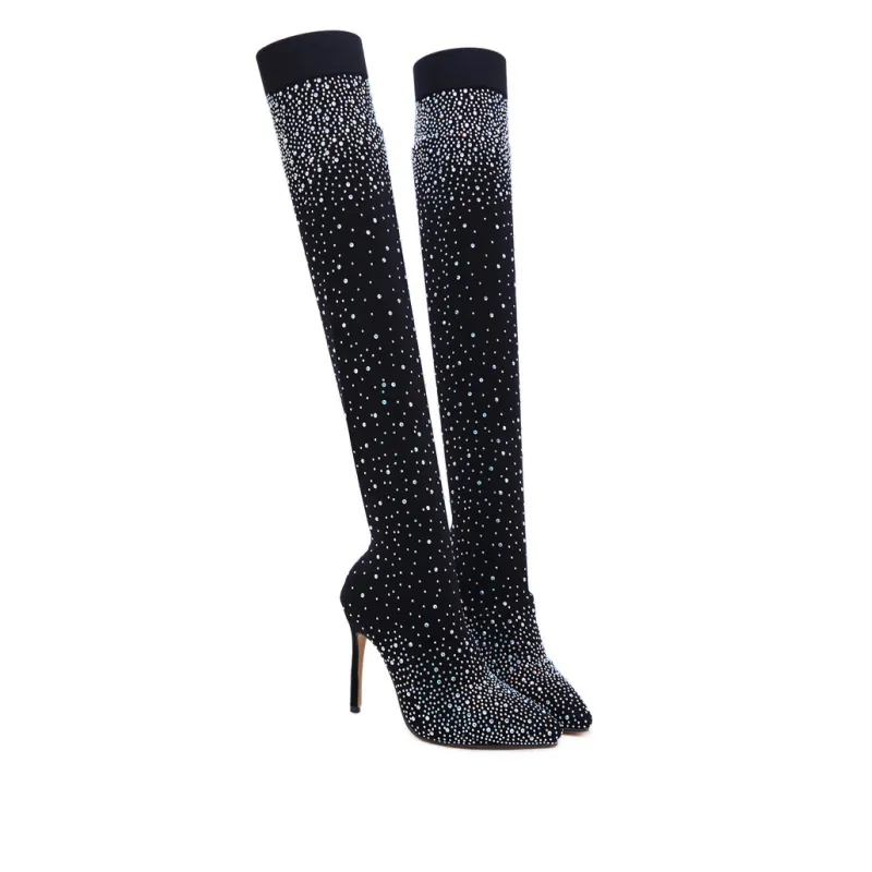 Womens Sparkly Faux Diamonds Over-the-Knee Boots